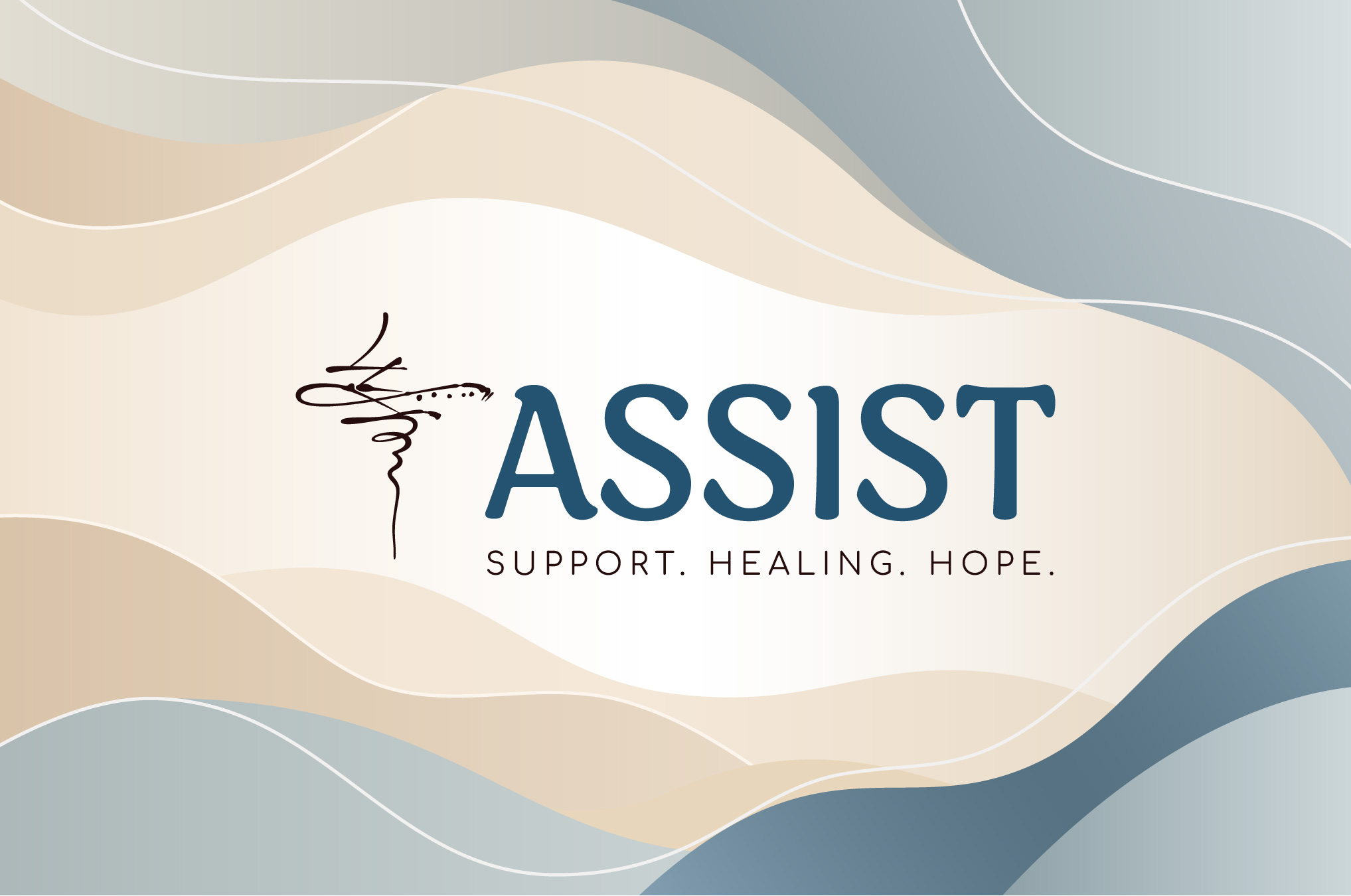 ASSIST logo on a wavy, subtle gradient background of cream, blue, and white.